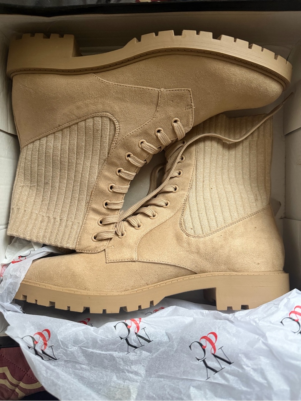New York & Company Women's Tan Lace-Up Knit-Panel Buffy Boots size 10